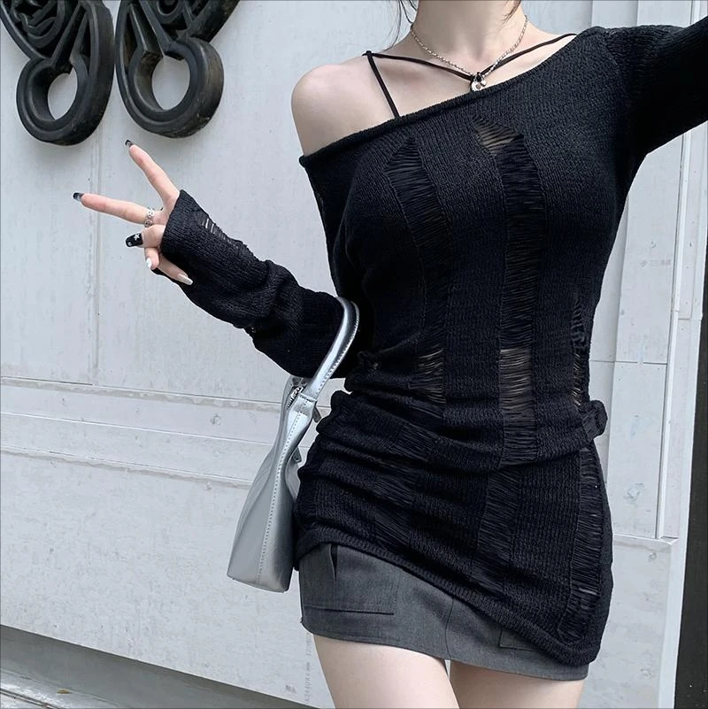 Women Dark Goth Split Hole Knit Sweaters Black Gothic Lady Hollow Out Cool Pullover Sweater Autumn Sexy See Through Pull Jumpers