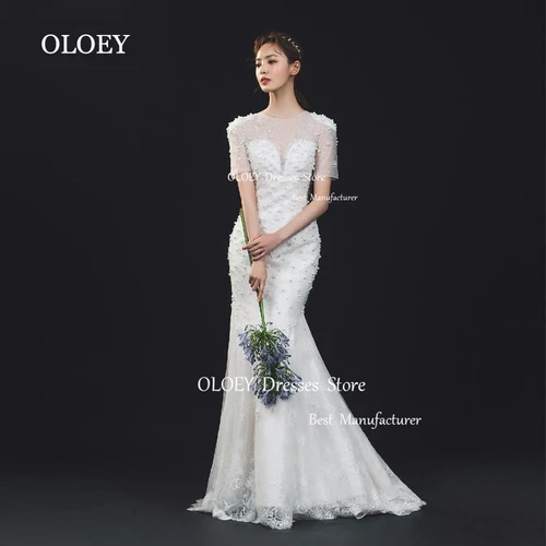 OLOEY 럭셔리 아이보리 진주, 인어 웨딩 원피스, 한국 사진 촬영, O 넥 레이스 신부 가운, 반팔 지퍼, 레이스업 백 커스텀 