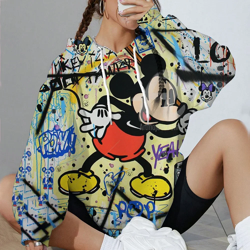 الخريف الشتاء ديزني ميكي ماوس المرأة الأساسية مريحة هوديي جيب البلوز المتناثرة أنيمي هوديي