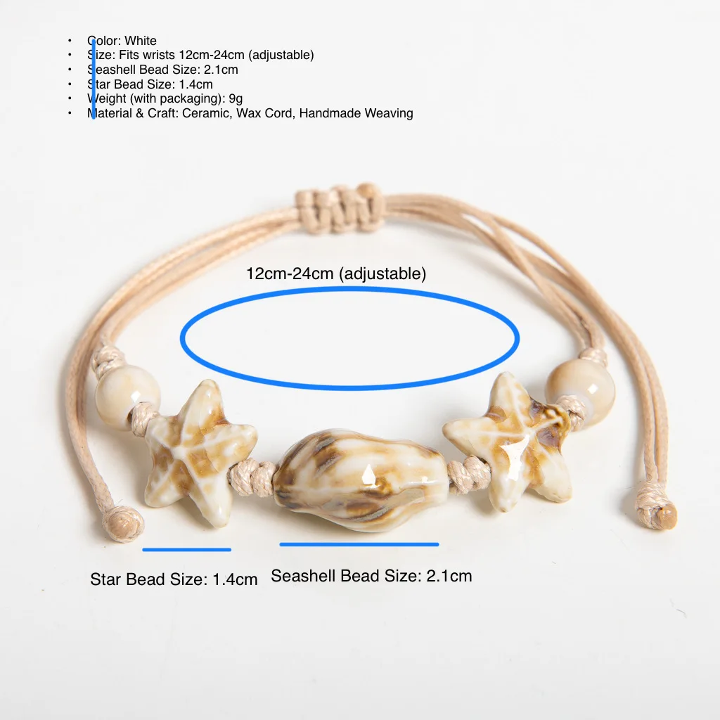 صدف من السيراميك الأبيض مصنوع يدويًا وسوار من الخرز على شكل نجمة قابل للتعديل من حبل الشمع على طراز الشاطئ الساحلي للأزواج والأصدقاء
