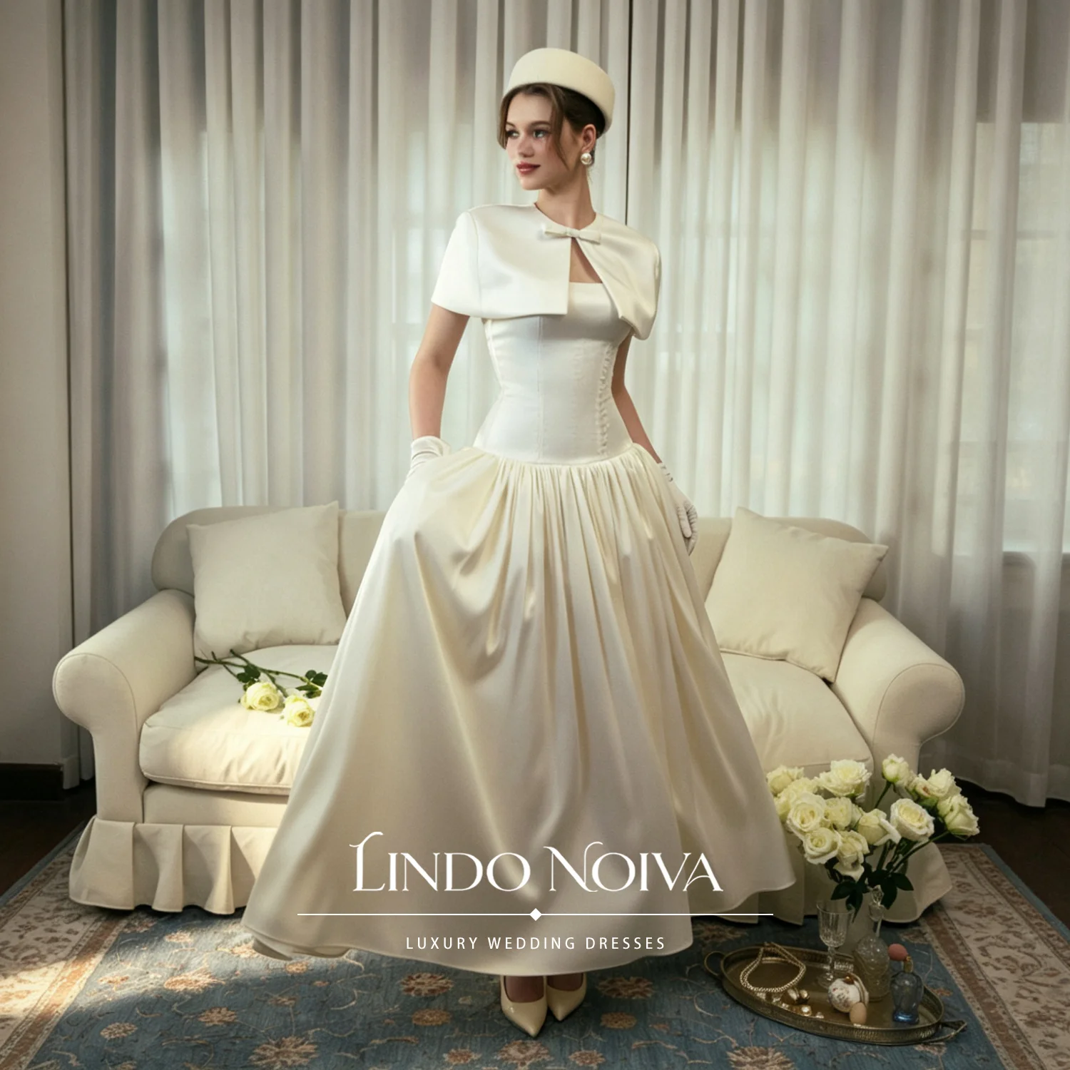 LINDO NOIVA French 1950s Vintage Civil Wedding Dress Drop Waist Satin Pleated Bridal Gown Detachable Cape Tea Length Prom Dress