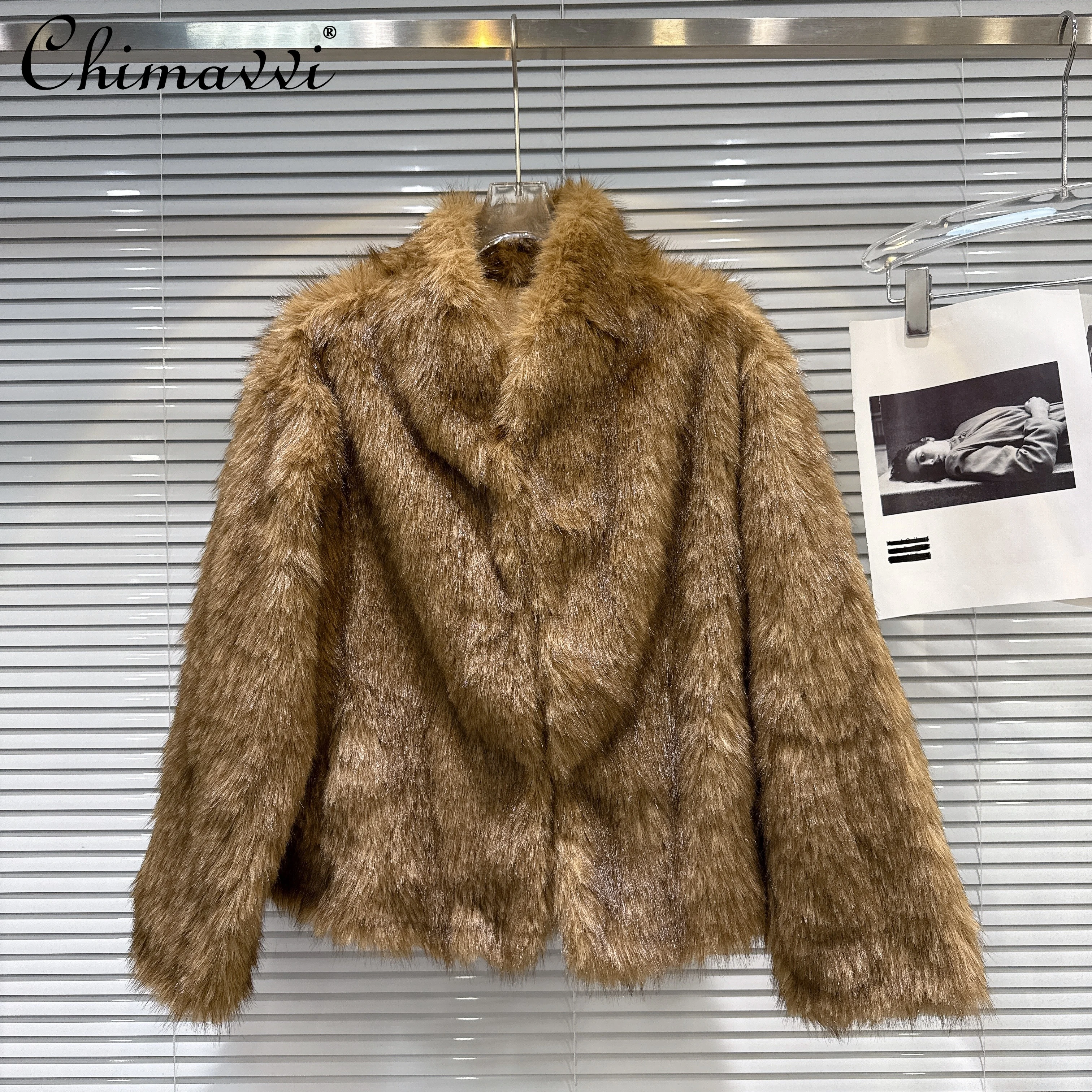 

2025 Winter Elegant Retro Socialite Fashion Faux Fur Coats Stand Collar Long Sleeve Loose Casual Warm Plush Short Jackets Women