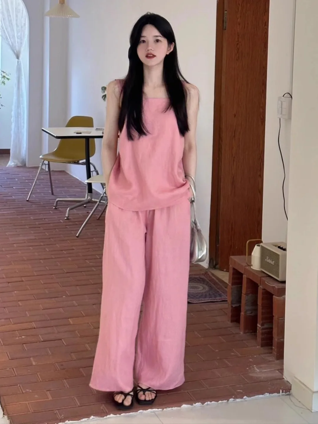 Verão 2025 novo coreano sle casual algodão linho cinta conjunto feminino adolescente sentimento rosa topo calças de perna larga conjunto de duas peças