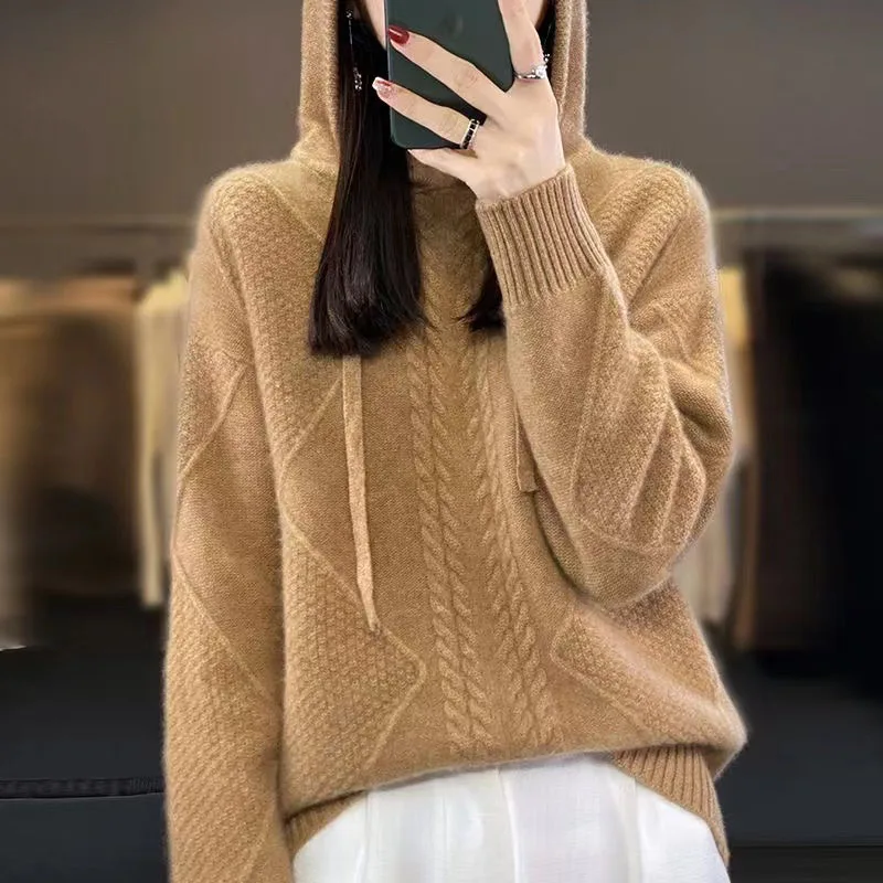 

2024 Autumn And Winter New Thick Diamond Twisted Wool Sweater Loose Hoodie Commuter Knit Bottoming Shirt