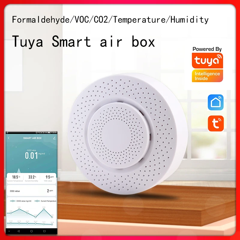 Tuya WiFi Smart Air Quality Sensor Air Box Formaldehyde VOC CO2 Temperature Humidity Sensors Monitor Via Alexa Smart Life New