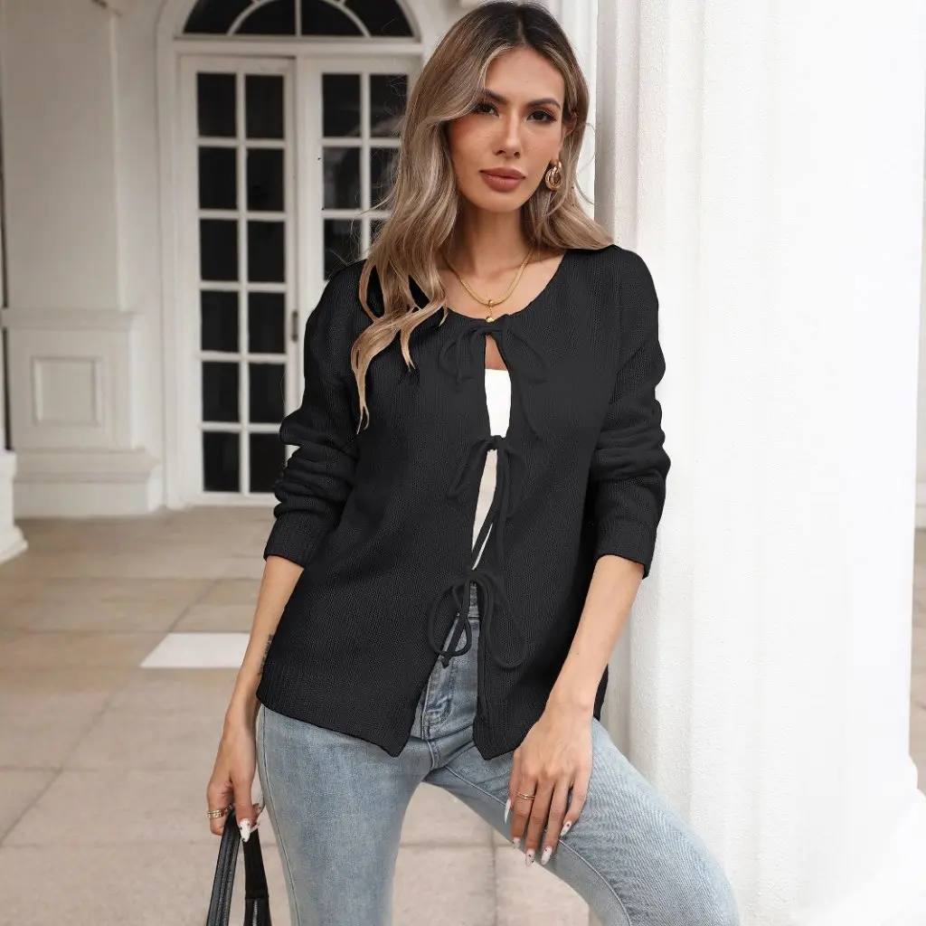 

Women's Woolen Sweater Jacket round Neck Bow Tie Casual Cardigan European And American Style Fashion