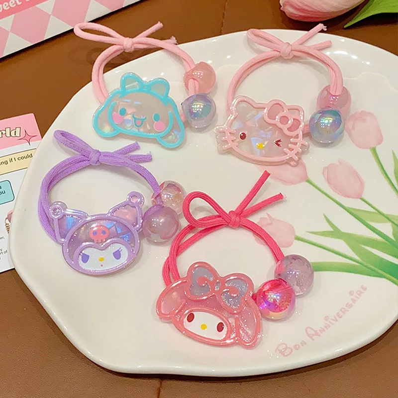 Sanrio-Bandas de goma de dibujos animados Kuromi para niños y niñas, lazo de pelo de alta elasticidad, cuerda para el pelo, melodía, canela, cuerda para la cabeza de perro, tocado