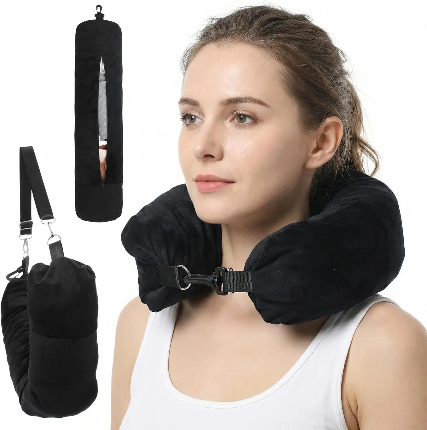 2026 Fillable travel neck pillow, can hold clothes, pillowcase storage, Lycra fabric, portable travel bag pillow