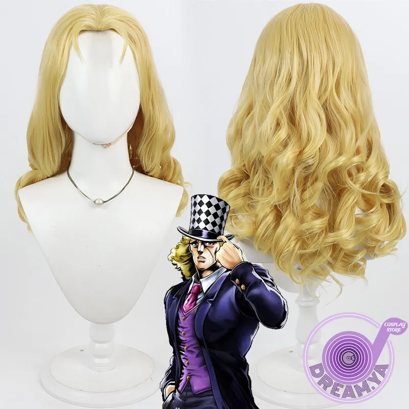 Robert Cosplay Wig Bizarre Adventure 60cm Yellow Curly Heat Resistant Synthetic Hair Halloween Party Role Play Carnival Wig Cap