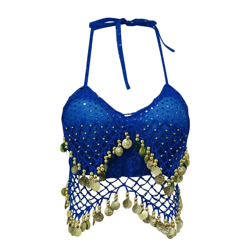 الساحرة لامعة الرقص الشرقي الصدرية الرسن الرقبة شرابة مرحلة الأداء أعلى ملابس الرقص بلا أكمام تظهر ازياء النساء