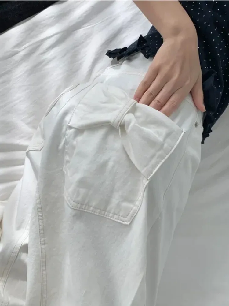 Pantaloni in denim a vita alta fatti a mano con papillon Ba ket Silhouette Jeans da donna larghi in puro colore Primavera Autunno