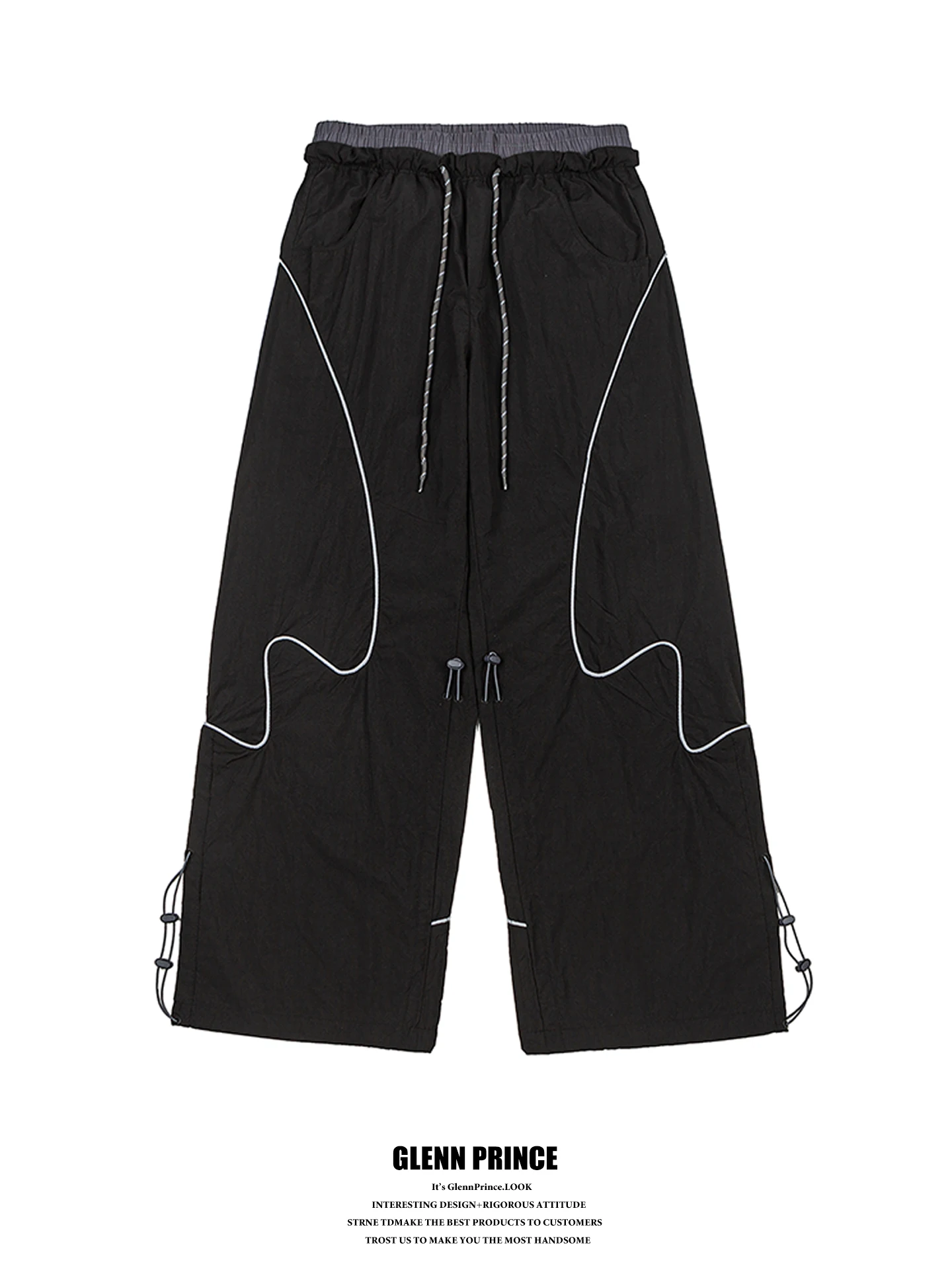 

American High Street Color Block Reflective Strip Drawstring Paratrooper Workwear Pants Men Outdoor Breathable Function Windb...