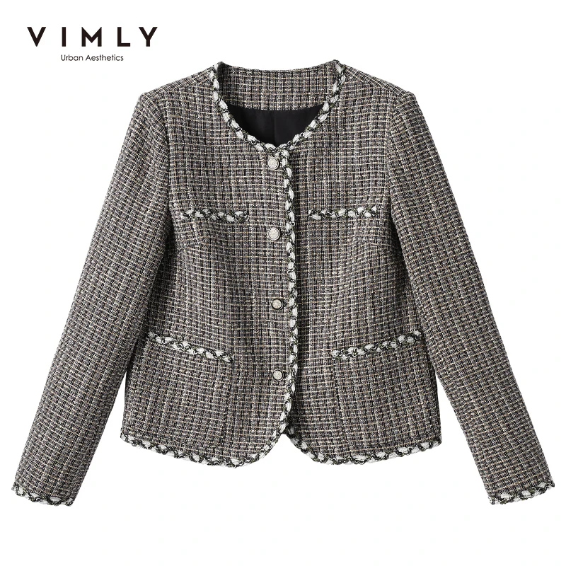 Vimly Short Tweed Jackets for Women 2023 Autumn Winter Korean Fashion Long Sleeve Elegant  Jacket Coat Outerwear Clothes V0813