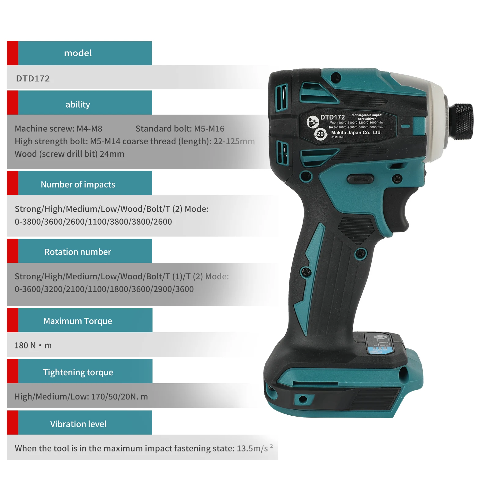 For Makita DTD172 Cordless Impact Driver, BL Brushless Motor,180N.m Torque,0-3600r/min No-load Speed Handheld Power Tool