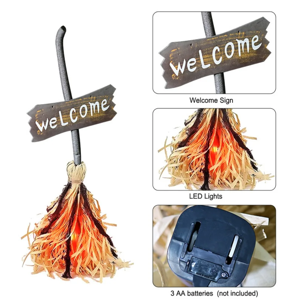 Sprachgesteuerter Halloween-Hexenbesen mit LED-Licht, Leuchtender Halloween-Elektrobesen mit Flexiblem Griff und Willkommensschild – Detail 8