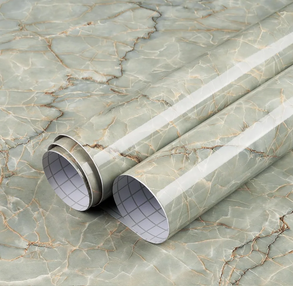 Aesthetic Green Marble Peel and Stick Wallpaper | Glossy Removable Contact Paper for Cute Kitchen, Dorm, Bedroom Makeover