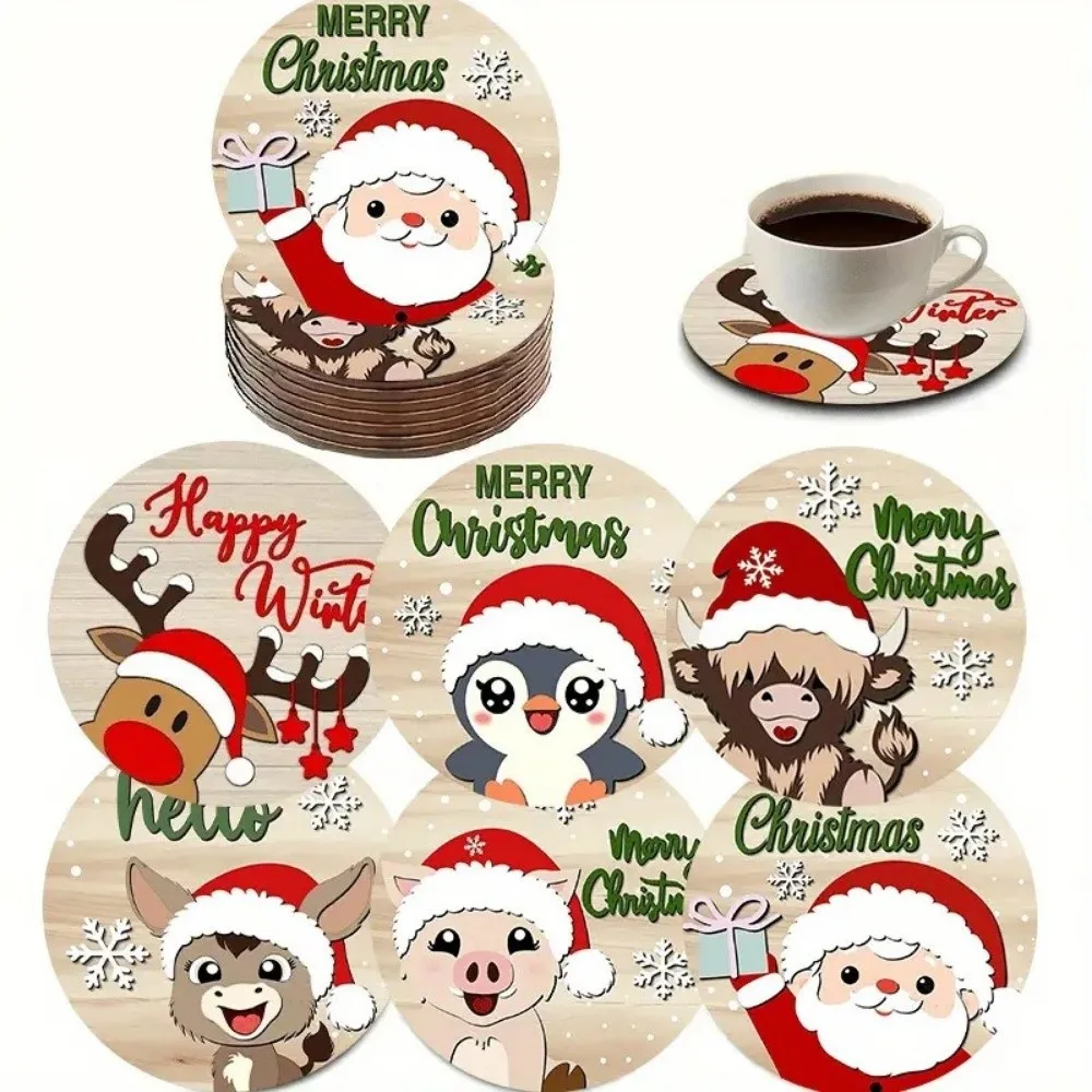 6pcs Wooden Christmas Drink Coaster Snowman Reindeer Santa Claus Coaster Penguin 2D Patterned Insulation Pad Home Decoration