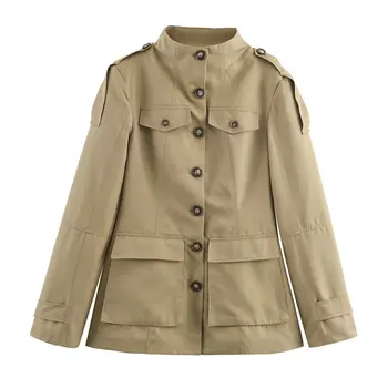 Women's Vintage Trench Coat Slim Fit Stand Collar Utility Jacket with Pockets Autumn Spring Outerwear 6
