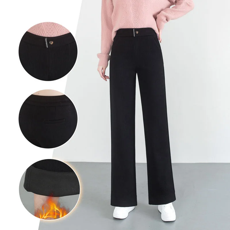 Women Thicken Loose Wide Leg Pants Winter Warn Elastic High Waist Velvet Lined Straight Pantalones Korean Casual Snow Wear Calca