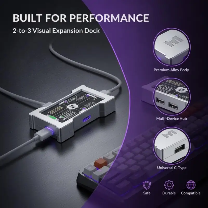 HMLAB ZNEO Gaming USB Hub 2 to 3 Port 8KHz Independent Powered with Screen for PC Laptop Gamer Desktop Use