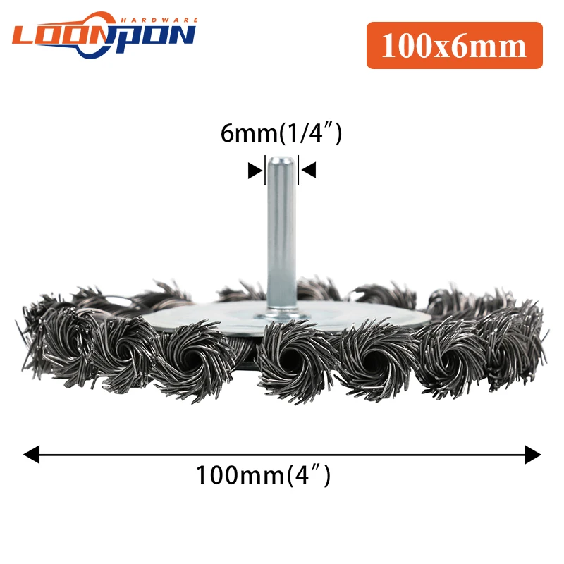 Loonpon 75/100mm Knotted Wire Brush 6mm Shank Twisted Wire Wheel Brush for Metal Polishing Cleaning Removing Paint Rust