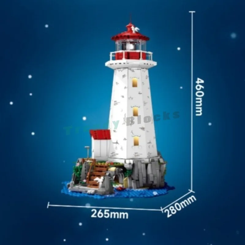 1555PCS Peggy's Cove Lighthouse Building Blocks,Seaside Architecture LED Collect Desktop Ornament Toys Birthday Christmas Gifts