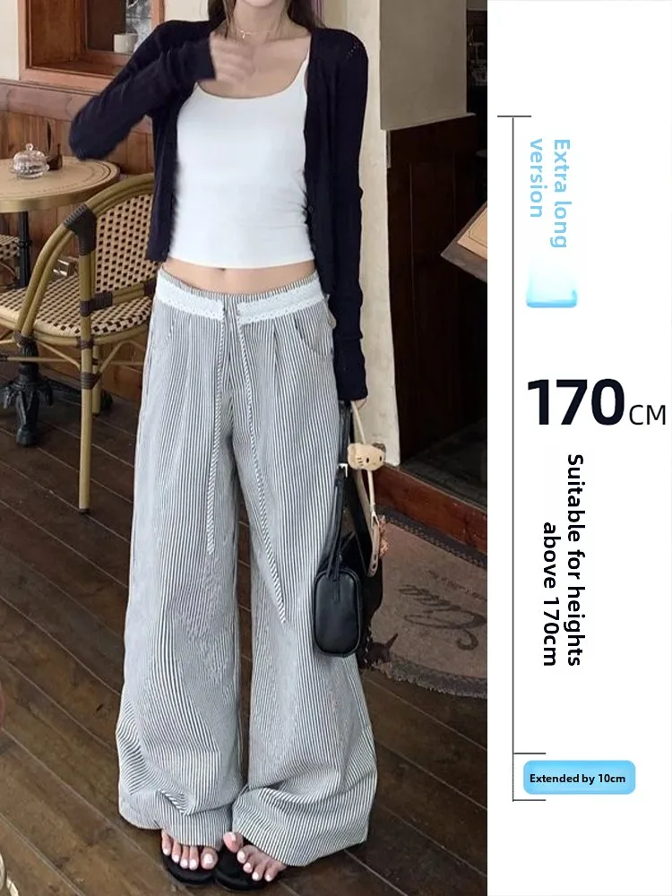 

High Waist Patchwork Lace Striped Casual Pants for Women Floor-Length Korean Sle Commute Wind Spring 2026 Leisure Trousers