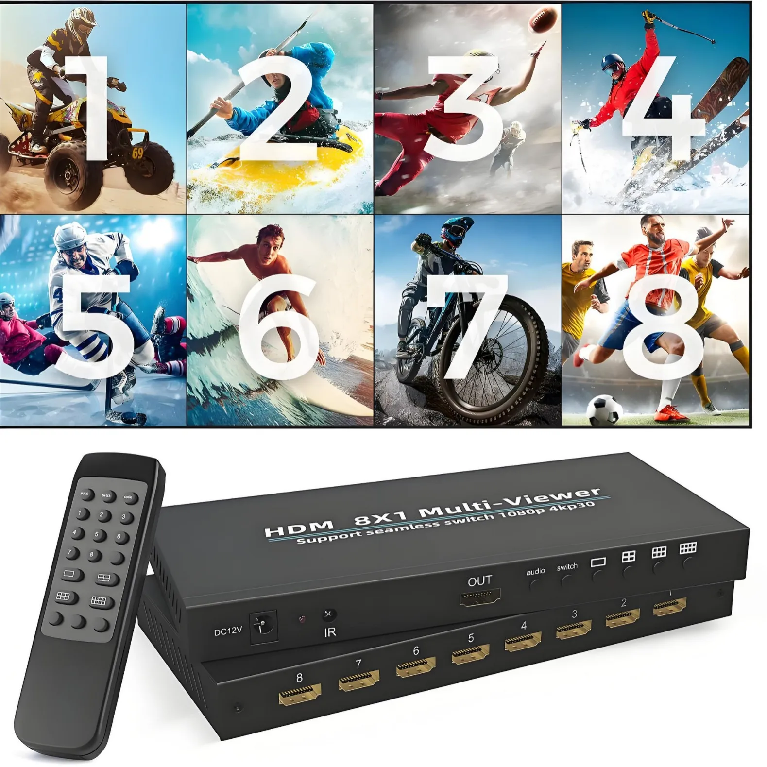 

4Kp30 8x1 HDMI Multiviewer 1080p 4 6 8 Quad Screen Multi Viewer 8 in 1 Out Screen Splitter Seamless Switch 1 Big 5 Small Display