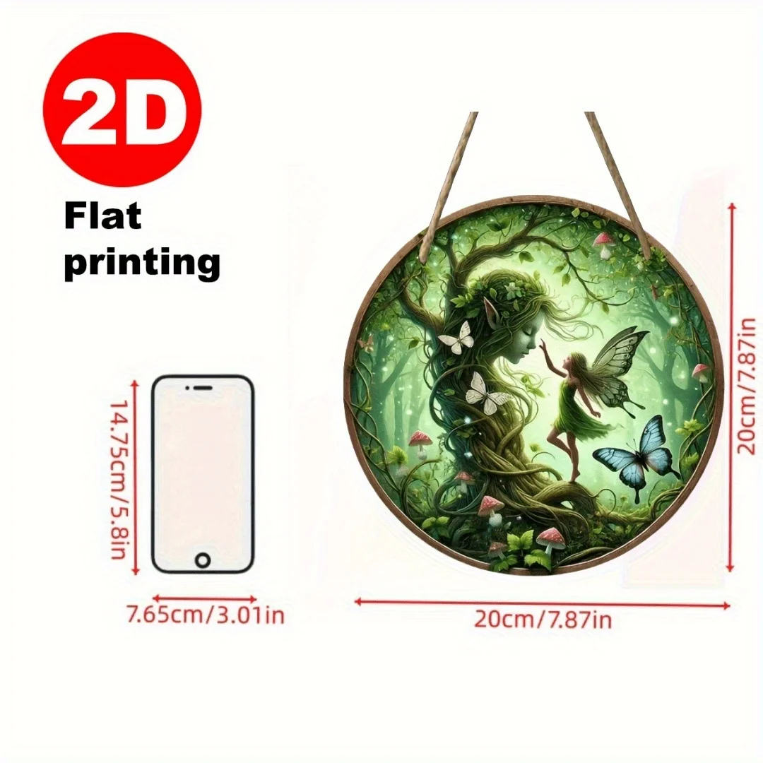 2D Flat - Charming 2D Flat Fairy And Tree Elf Ornament, a Single Round Wooden Decoration Measuring 19.99 by 7.87 inch, Ideal for