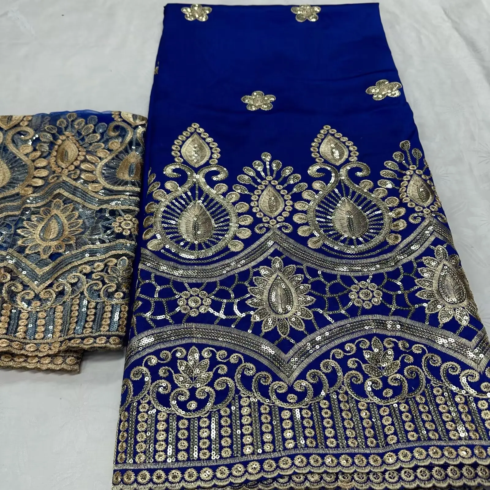 

African George Fabric High Quality Indian Raw Silk George Wrappers Hot Nigerian Lace Fabrics Set with Blouse for Wedding Blue