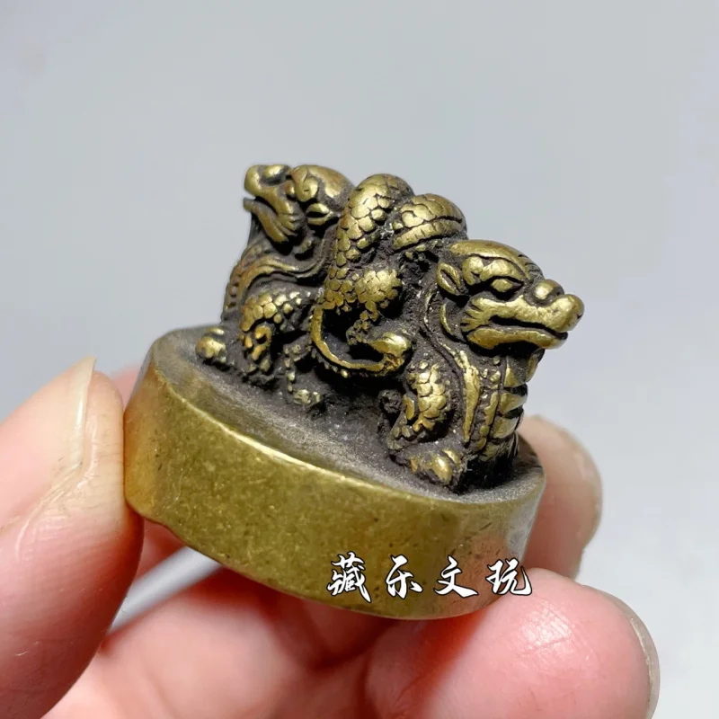 Antique Bronze Solid Pure Copper Double Round Small, Vintage Brass Dragon Seal