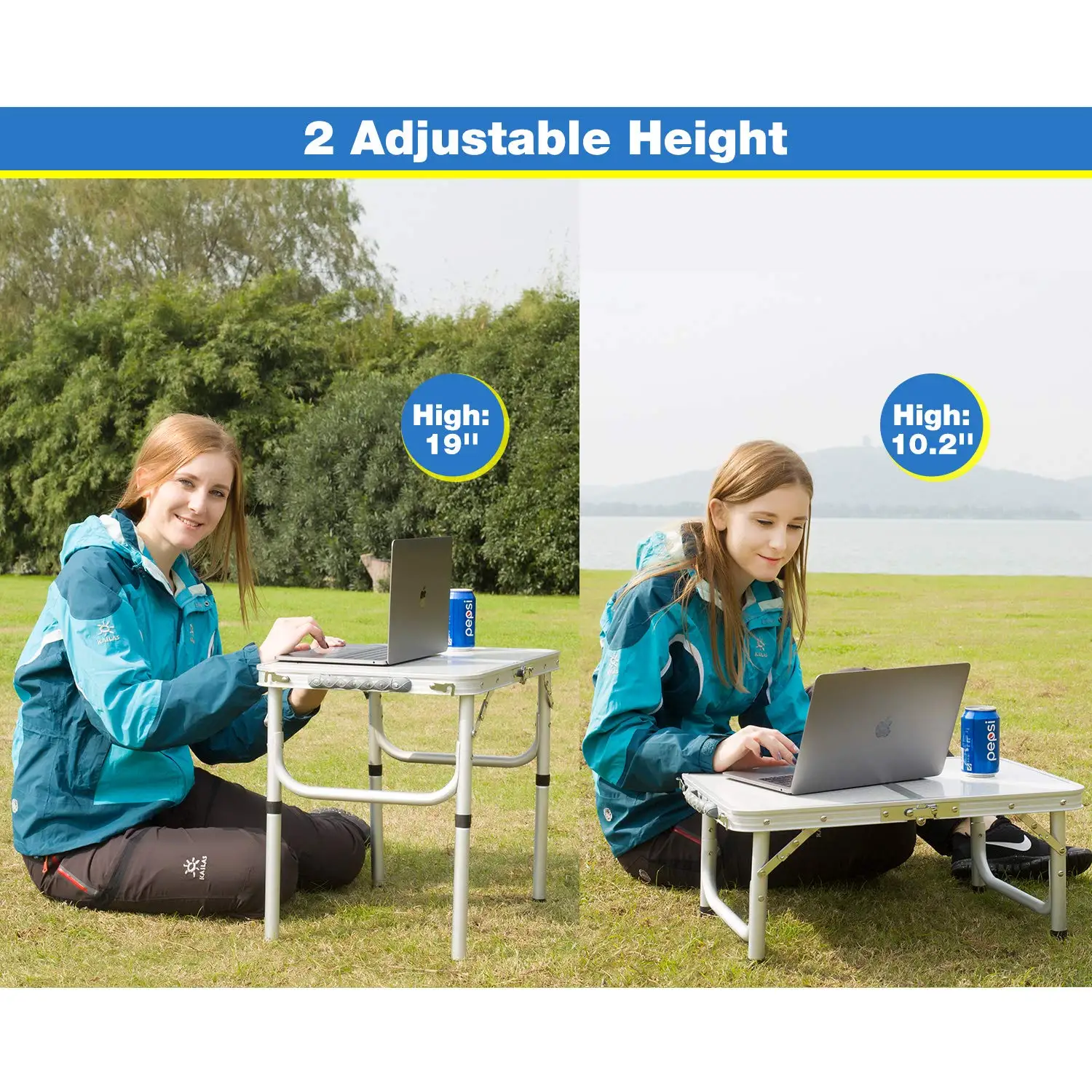 Small Folding Table Portable with Adjustable Height Legs, Lightweight Sturdy Aluminum Outdoor Folding Table for Camping Cooking