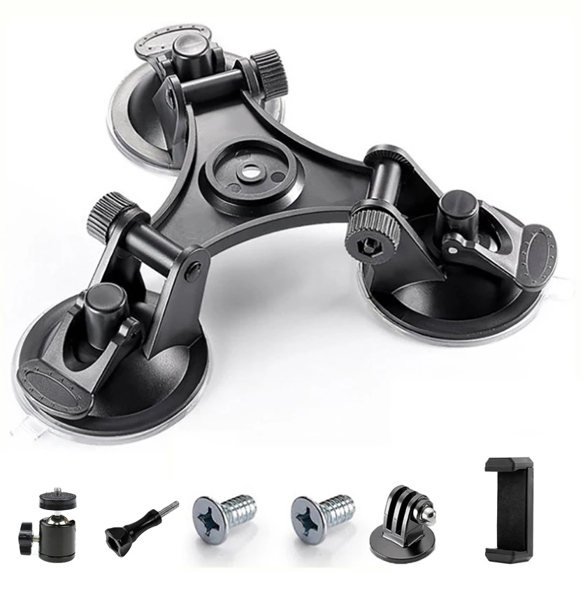 Dreifach-Saugnapfhalterung für DJI OSMO Action 6 5 4 GoPro 13 12 11 10 9 8 mit 1/4"-Standardgewindeadapter für Insta360 X6 X5 X4
