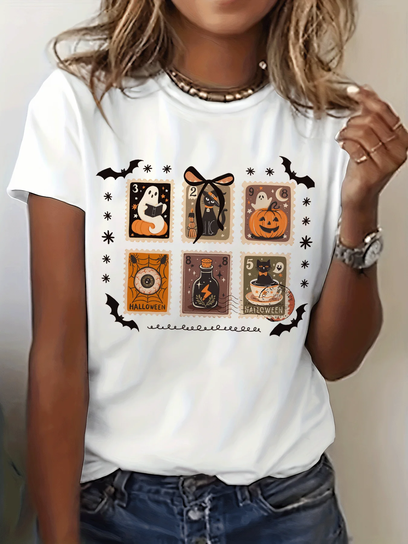 Women's Postage Stamp Halloween T-Shirt Short Sleeve Crew Neck Casual T Shirt Vintage Style Cheap Tops Clothes Female Outfit 90s