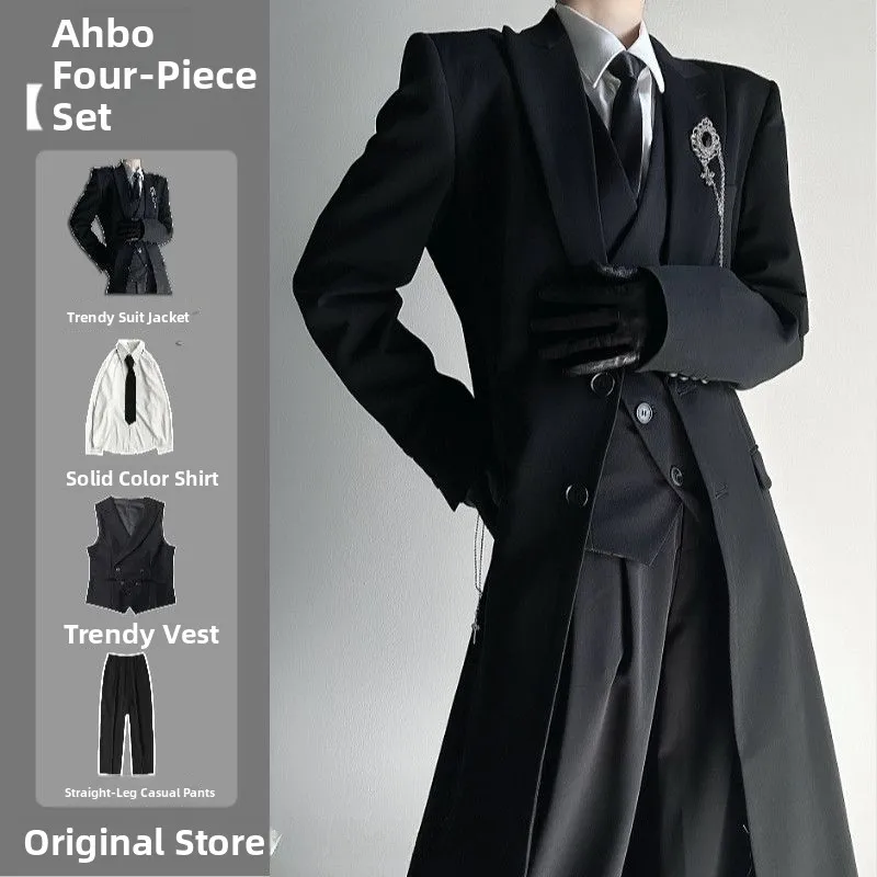 

2026 New Long Tailored Coat Jaet Four-Piece Set Neutral Sle oulder-Length Bla High-End Feelings Casual Youth Faion