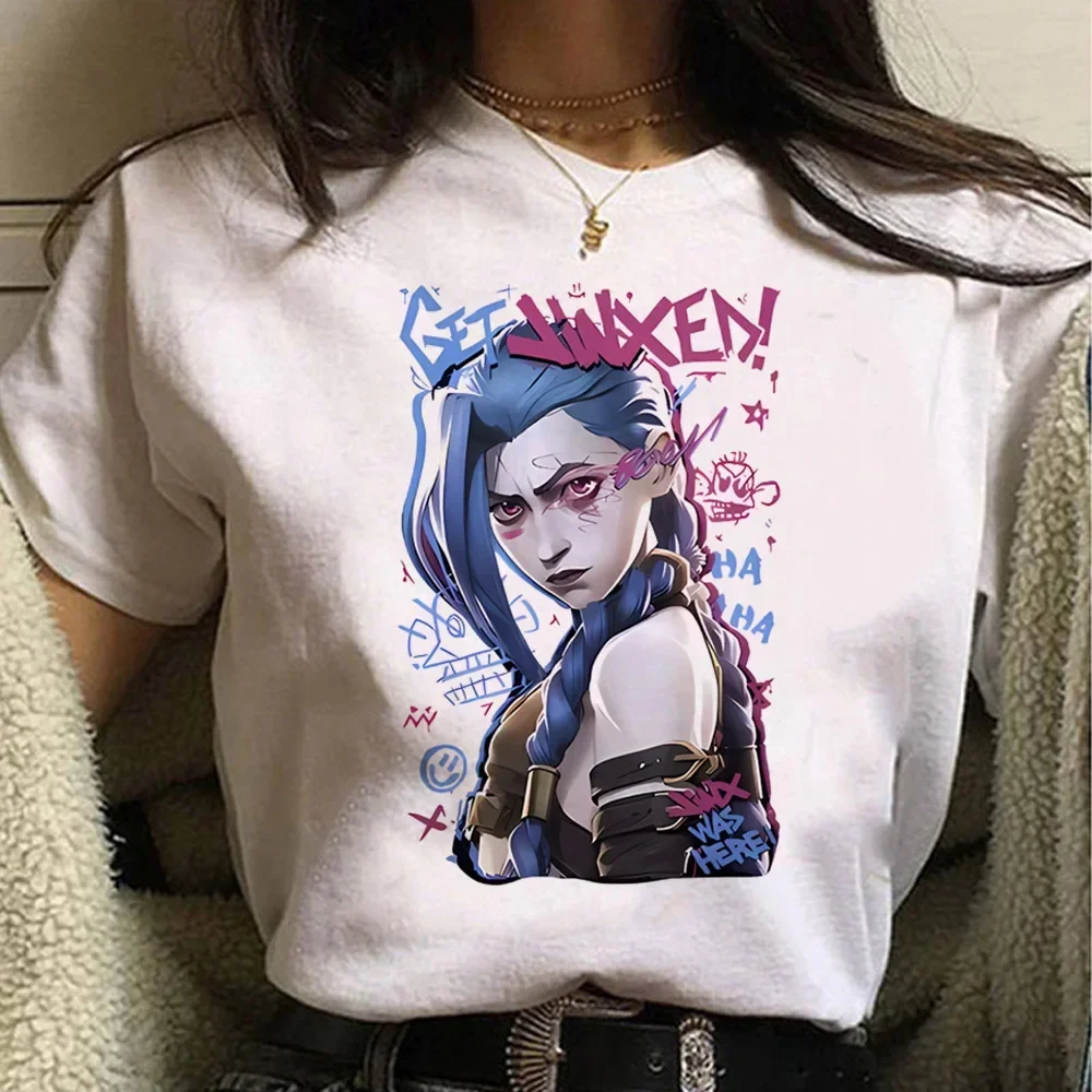 Jinx Arcaneพิมพ์Tเสื้ออะนิเมะคอสเพลย์Tees Topsผู้หญิงผู้ชายความงามแขนสั้นการ์ตูนเสื้อยืดฤดูร้อนStreetwearเสื้อผ้า