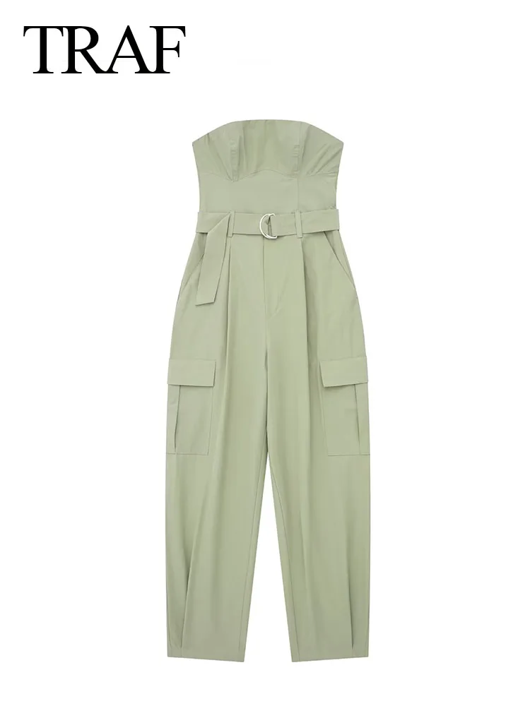 TRAF Spring New Women Fashion Y2K Jumpsuit Solid Green With Belt Sleeveless Green Cargo Pants Loose Chic Female Clothing Street