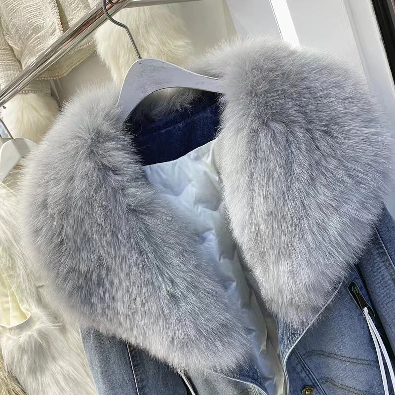 2023 Hot Sales New Fashion Denim Goose Down Big White Fox Fur Collar Detachable Goose Down Filling Lnner Lining High End Jacket