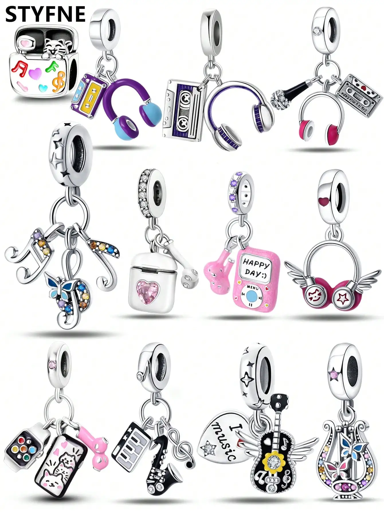 Charms Plata Music Cat Earphones Harp Beads Charm Silver Plated Fit Charms Original Bracelet for Jewelry Making DIY Charm
