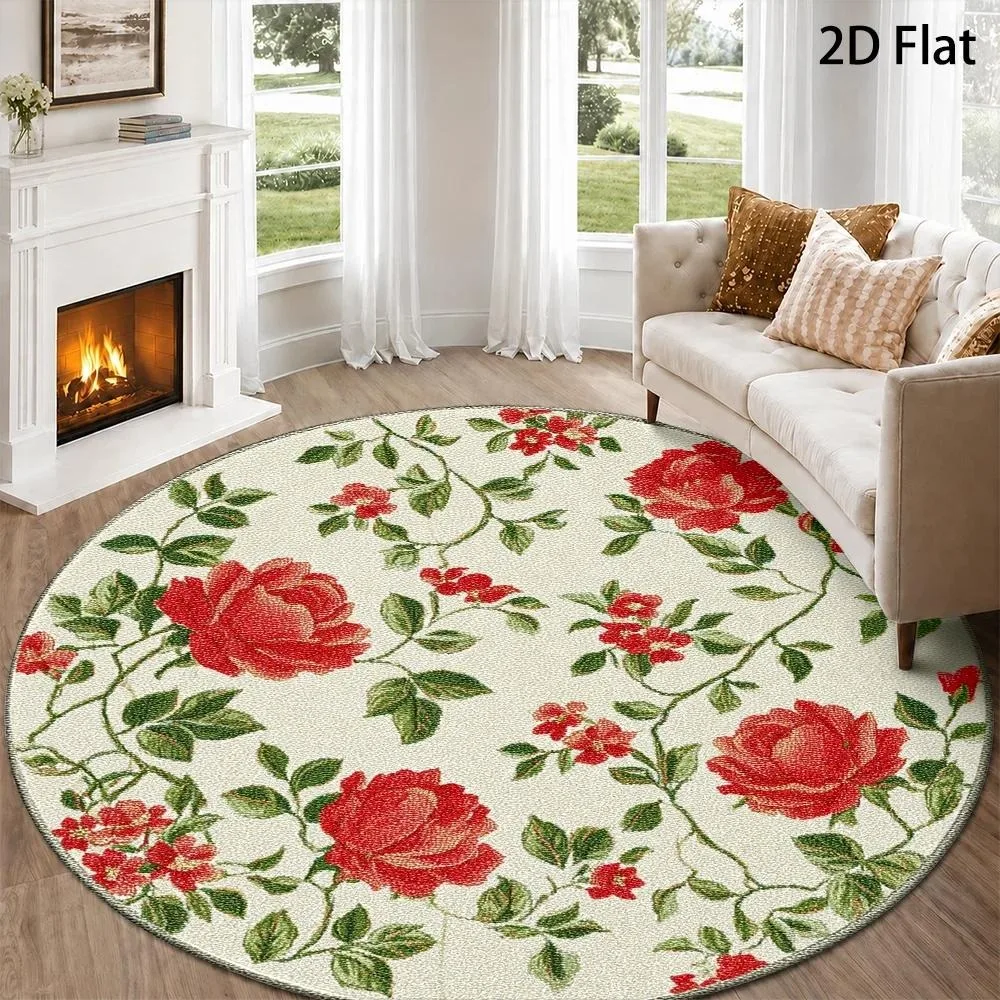 Green Pasture Daisy Floral Round Rug Cartoon White Daisy Flower Grassland Block Texture Print Circular Floor Mat for Living Room