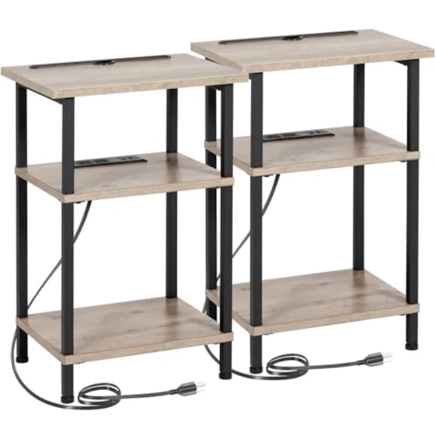 

End Table with Charging Station, Side Tables with USB Ports and Outlets, Narrow Night Stands Set of 2 with 3-Tier Storage Shelf