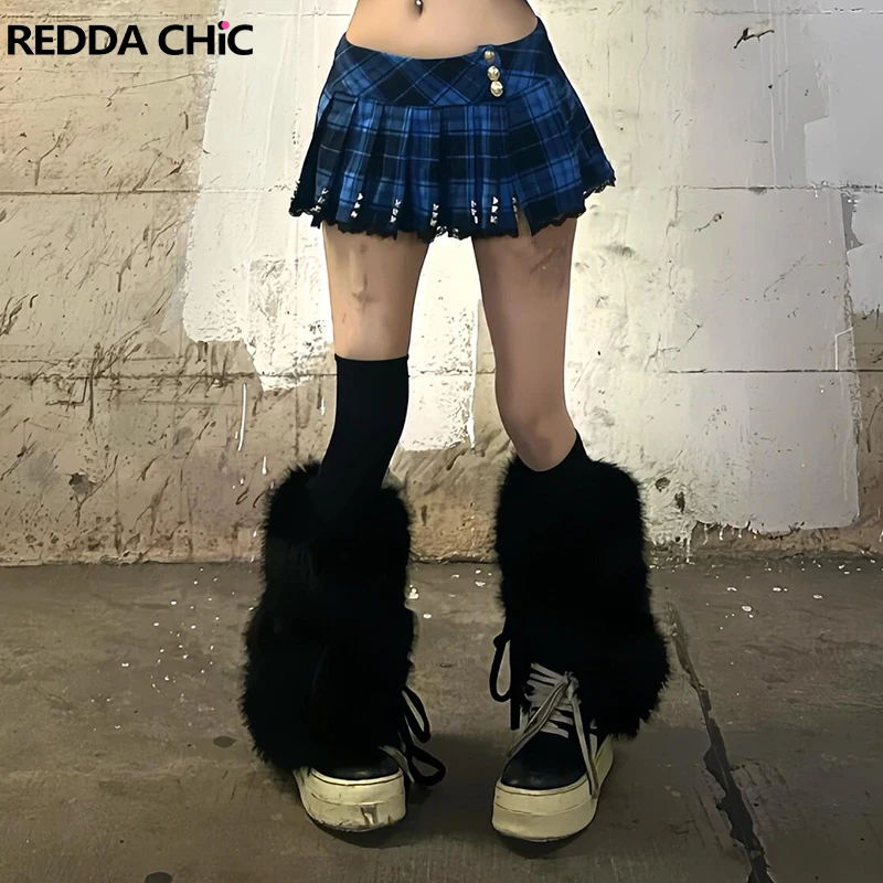 

ReddaChic Women Low Rise Wrap Around Plaid Skirt Vintage Summer Splice Lace Rivets Split Draped Pleated Skirt Grayu Y2k Clothes