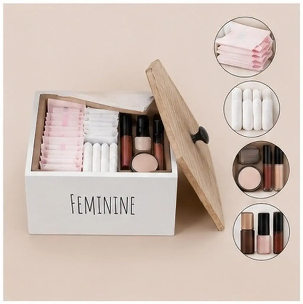 Wood Bathroom Storage Bin with Lid Sanitary Napkin Organizer Feminine Period Holder Tampon Makeup Vanity Organizer Box