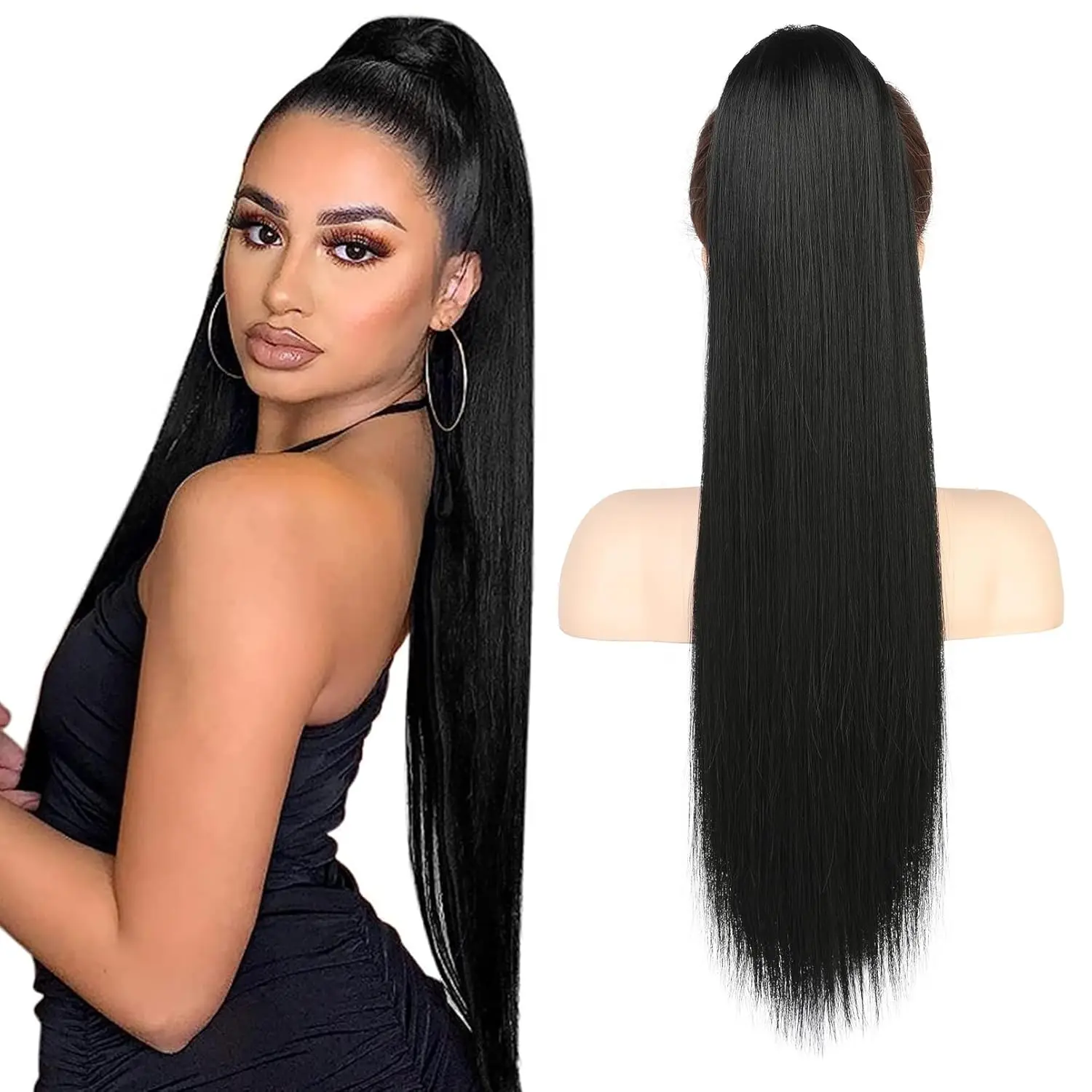 Ponytail Human Hair Extensions With Clip 1B Natural Color Straight Human Hair Drawstring Ponytail With Clip In Hair Extensions