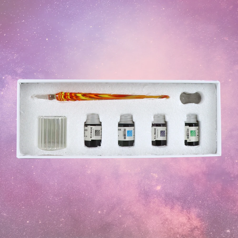 Conjunto de canetas de mergulho de vidro manchado 4 cores tinta retrô conjunto de canetas de assinatura criativa presente