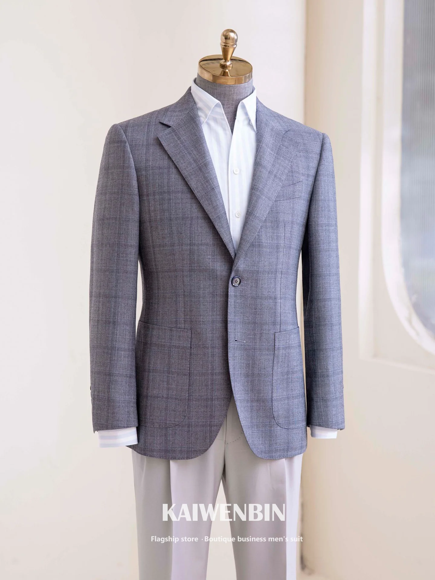 

Men's Blazer Gray Windowpane Wool Light Luxury Single Breasted Suit 2 Pieces Business Casual For Wedding Banquet Custom
