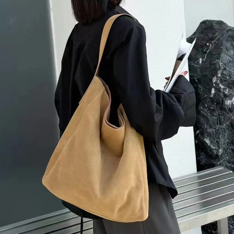 Women Casual Versatile Bucket Tote Bag Female Fashion Suede Cow Leather Handbag Lady Simple Large Capacity Shoulder Bags
