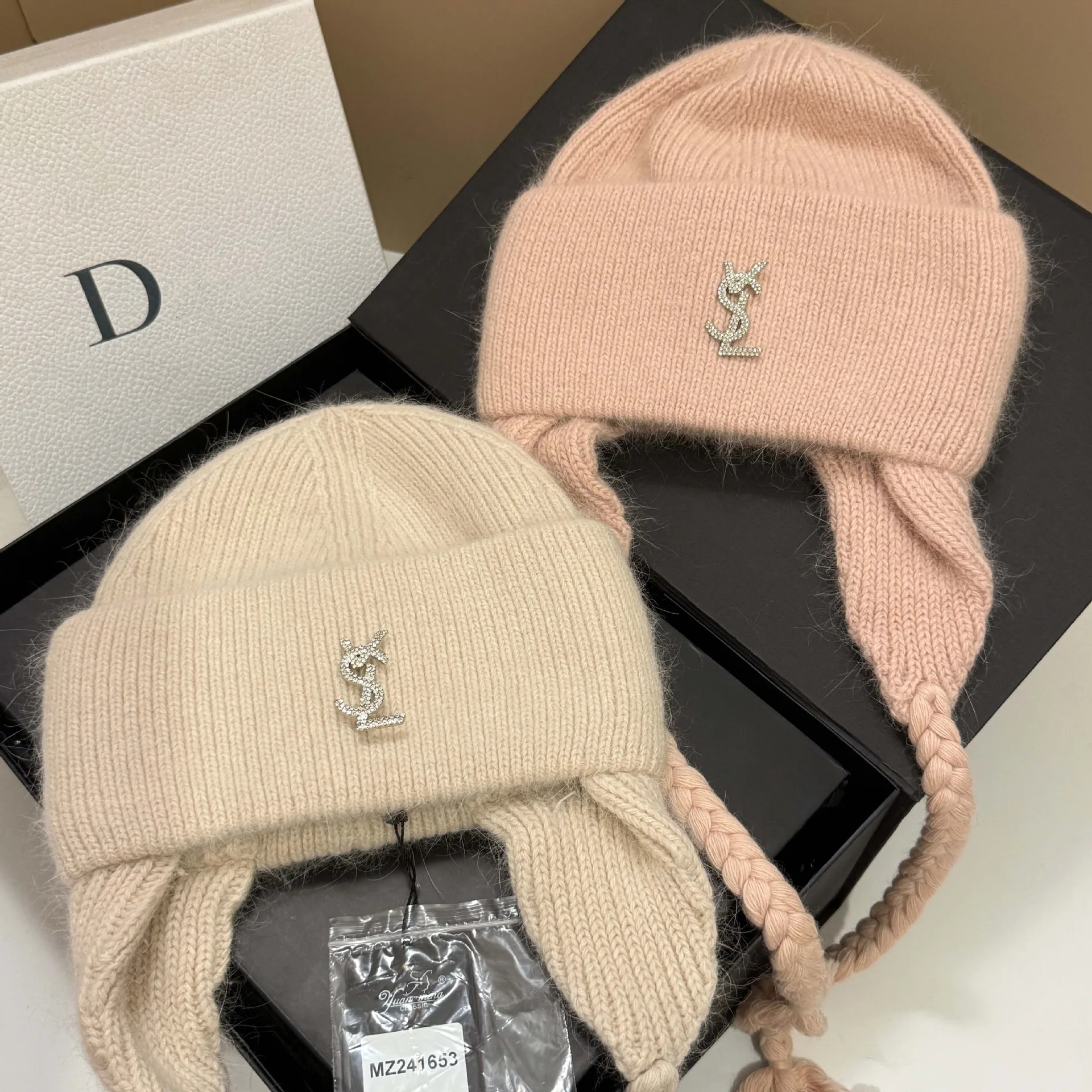 High Quality Cold Weather Thick Warm Double Fold Rabbit Fur Knit Cap Winter Designer New Cute Braid Ear Flap Beanie Hat