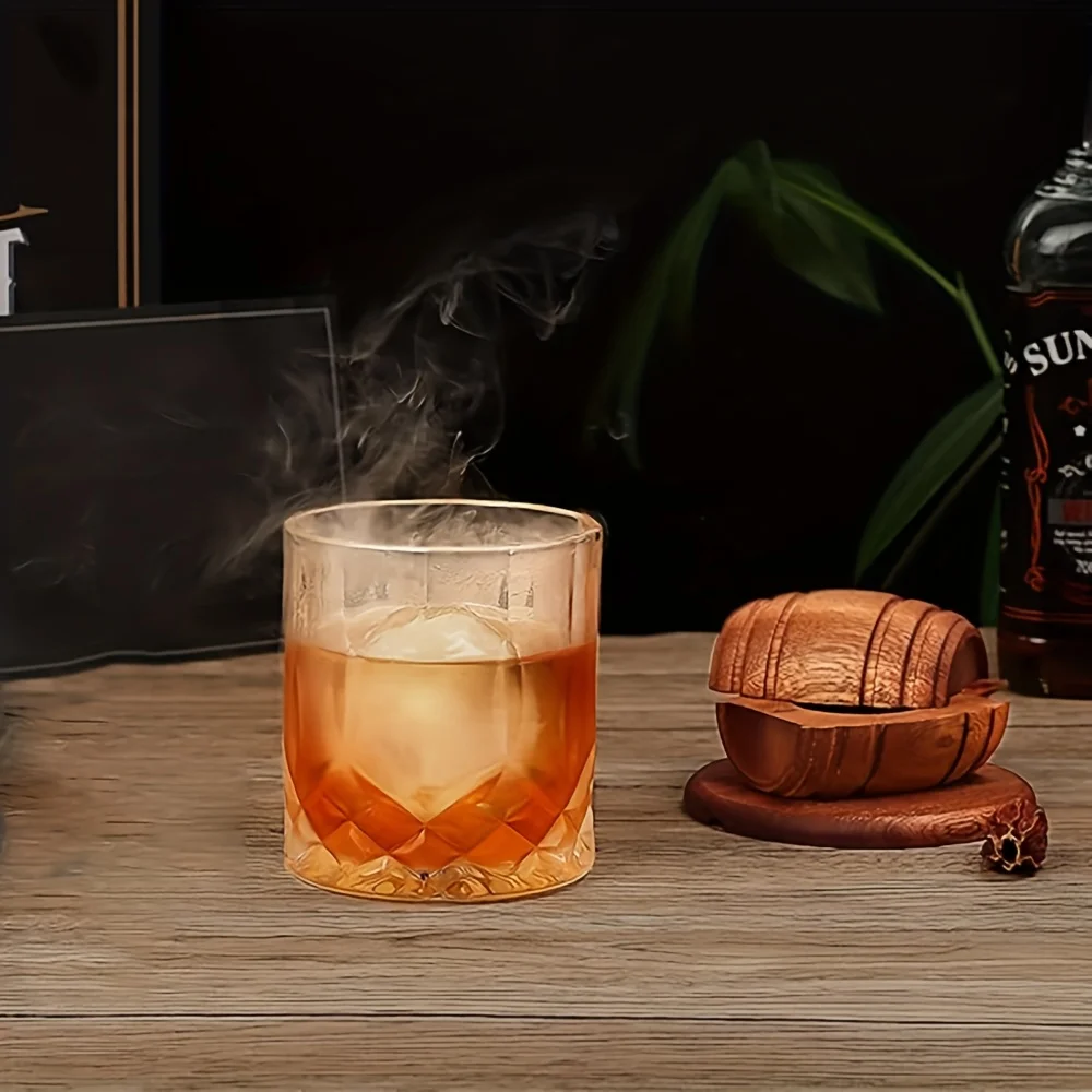 110mm Wooden Barrel Cocktail Smoker Whiskey Smoking Tool with Filter for Bar Kitchen Cup Compatible Mens Gift