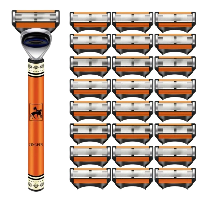 New Stainless Steel Manual Shaver, 6-Layer Razor Blade Reusable, Retro Wet Scratch Resistant Hair Removal Blade